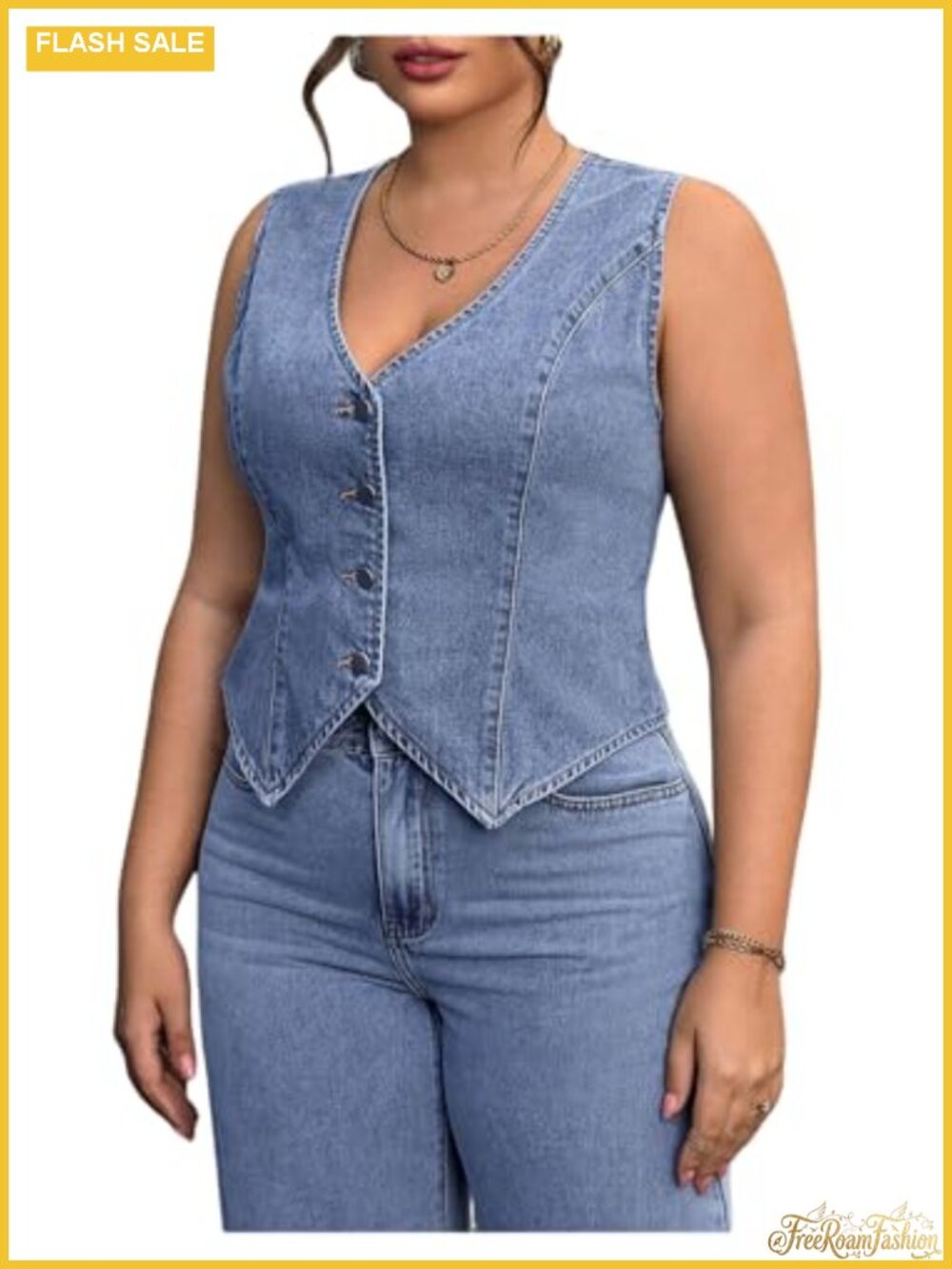 Plus Size Denim Vest Jacket Sleeveless V Neck Button Up Streetwear